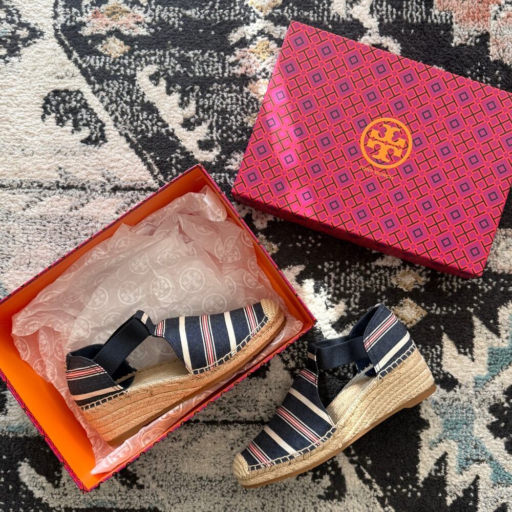 NIB Tory Burch Womens Catalina Striped Espadrille Navy Multi